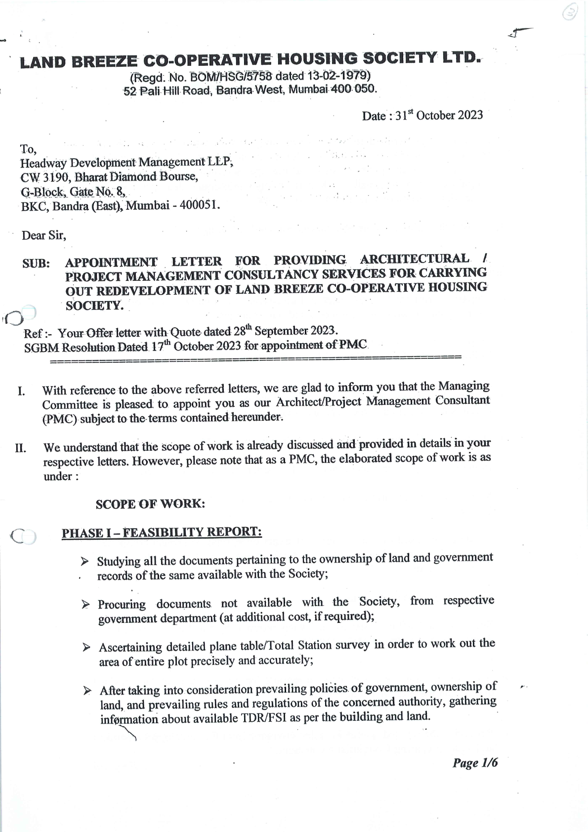 Appointment Letter to PMC